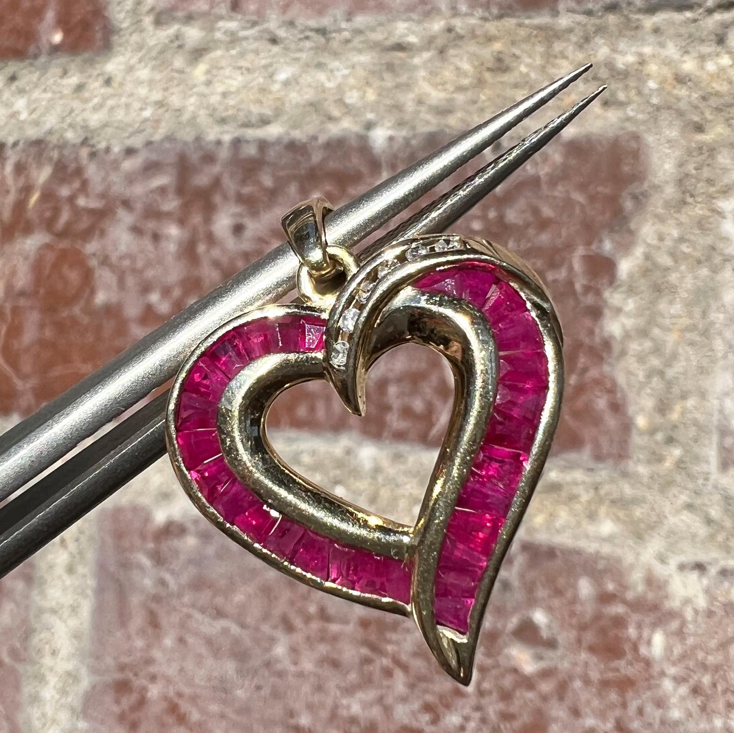 10k Gold Baguette Ruby & Diamond Signed Heart Pendant