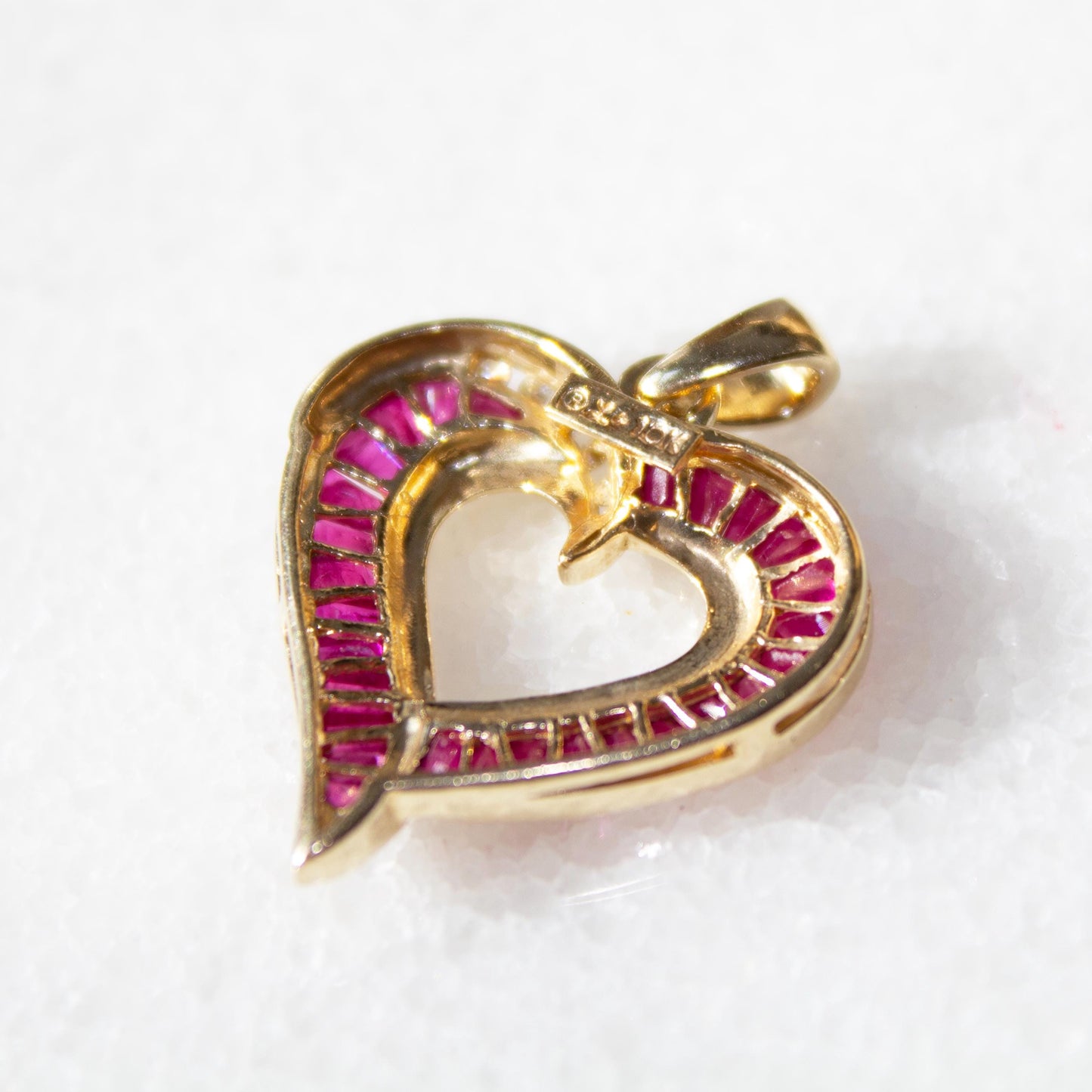 10k Gold Baguette Ruby & Diamond Signed Heart Pendant