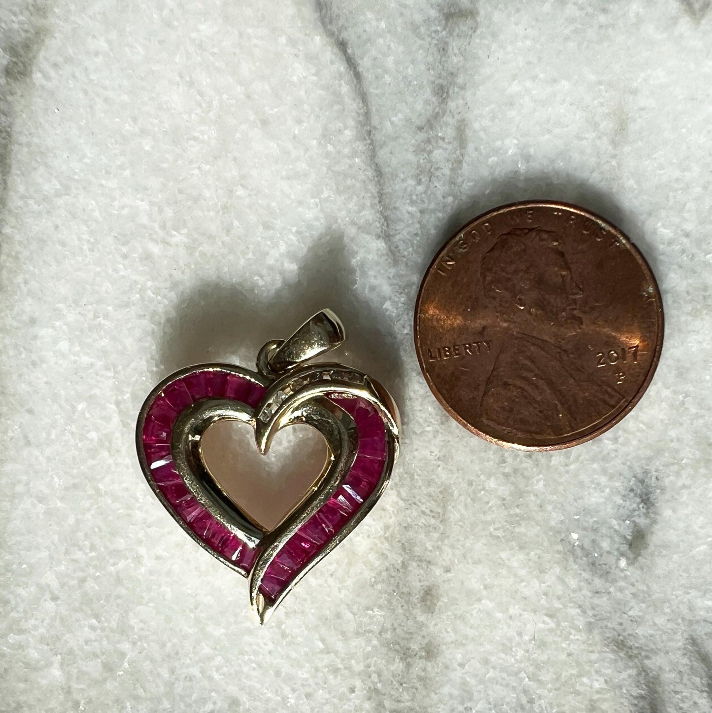 10k Gold Baguette Ruby & Diamond Signed Heart Pendant