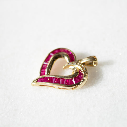 10k Gold Baguette Ruby & Diamond Signed Heart Pendant